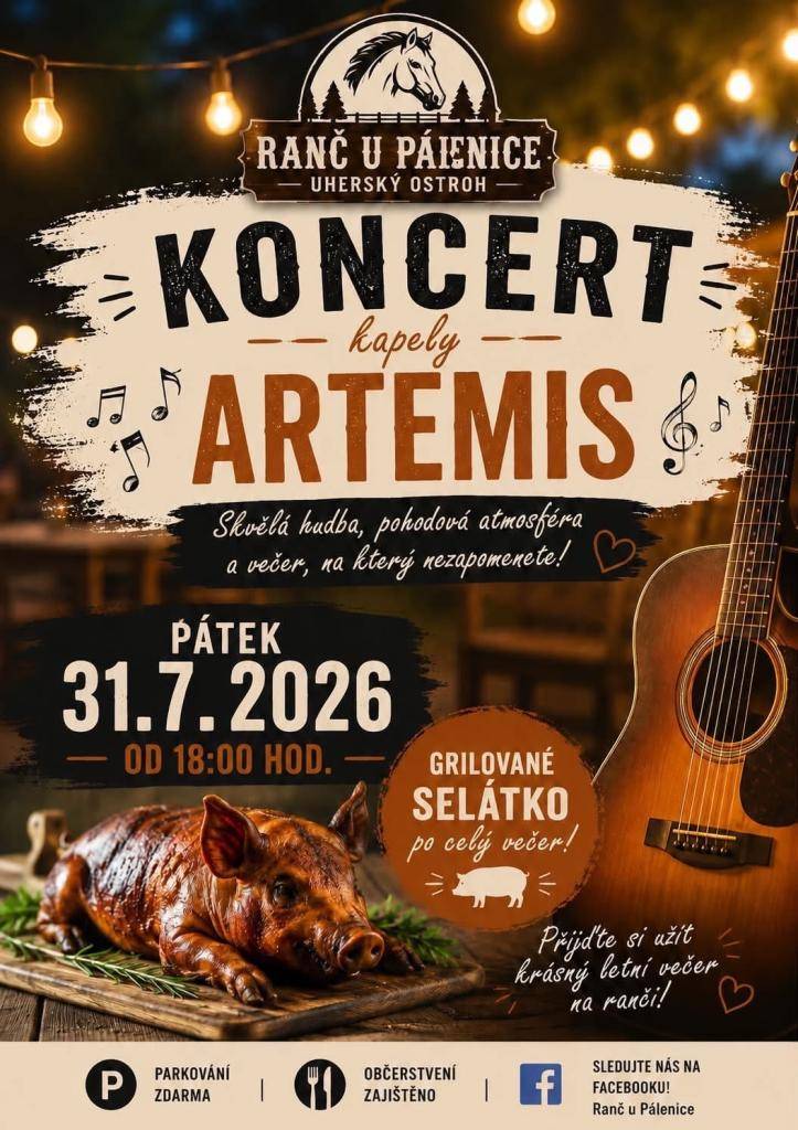 Ranč U Pálenice v Uherském Ostrohu srdečně zve všechny občany na koncert kapely Artemis. Těšit se můžete na skvělou muziku, grilované selátko i příjemné posezení. Akce se koná v pátek 31. července od 18 hodin na Ranči U Pálenice v Uherském Ostrohu. Kapela Artemis i pořadatelé se na vás těší.