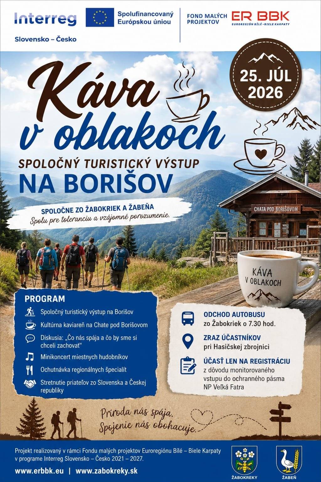 Zveme všechny milovníky přírody na společný turistický výstup na Borišov spojený s návštěvou Chaty pod Borišovom a posezením u kávy v nádherném prostředí Velké Fatry. 📅 Sobota 25. července 2026 🚌 Odjezd autobusu: 5.00 hod. od Kulturního domu v Žabni. Těšíme se na společně strávený den!
