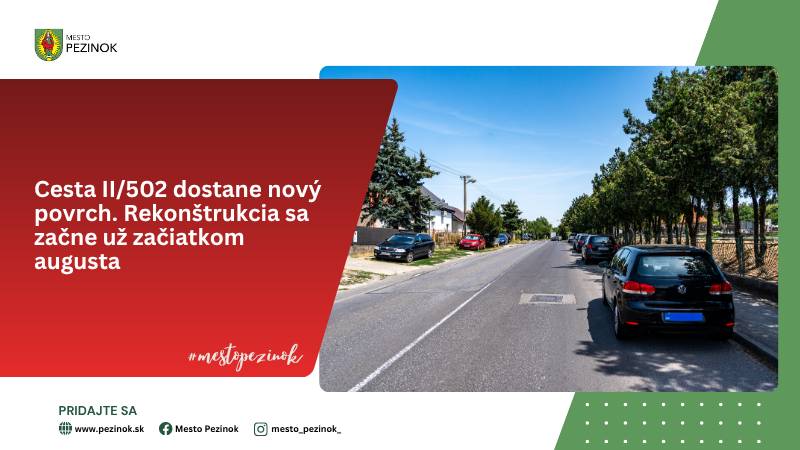 V auguste bude pokračovať rekonštrukcia regionálnej cesty II/502 v správe Bratislavského samosprávneho kraja. Práce sa uskutočnia v úseku od Tehelnej ulice pri cintoríne po napojenie na cestu II/503 – Malackú cestu.       Frézovanie vozovky sa začne 3. augusta a potrvá približne päť dní. Následné asfaltovanie bude rozdelené do viacerých etáp. Zhotoviteľom prác je spoločnosť PORR s. r. o.       ⚠️ Najvýraznejšie dopravné obmedzenia sa očakávajú od 17. do 20. augusta. Časť cesty bude prejazdná iba jednosmerne v smere od Vinosád a Modry do Pezinka. V opačnom smere bude doprava odklonená cez Cajlanskú ulicu s napojením na cestu II/503 – Malackú cestu. Vozidlá smerujúce na Modru budú môcť využiť aj trasu cez ulicu Dr. Bokesa.       Prvý úsek od Tehelnej ulice po križovatku s Viničianskou ulicou sa bude asfaltovať približne od 10. augusta. Počas prác sa dočasne zmení organizácia dopravy na Slnečnej a Dobšinského ulici. Obe budú v smere k ceste II/502 a cintorínu slepé, pričom vjazd a výjazd bude možný zo strany Šenkvickej a Trnavskej ulice. Pre tranzitnú dopravu bude prioritne využívaná Mýtna ulica.       V ďalšej etape sa bude asfaltovať úsek od Viničianskej ulice po kruhový objazd na Šenkvickej ceste. Poslednou etapou bude rekonštrukcia samotného kruhového objazdu. Prejazd v smere Pezinok a Vinosady – Modra zostane zachovaný, doprava však bude regulovaná.       📍 Plán organizácie dopravy a dočasného dopravného značenia je momentálne v schvaľovacom procese. Po jeho odsúhlasení mesto zverejní podrobné dopravné riešenie vrátane obchádzkových trás.       Harmonogram sa môže meniť v závislosti od počasia a postupu prác.       Prosíme vodičov o zvýšenú pozornosť, rešpektovanie dopravného značenia a pokynov pracovníkov v teréne. Ďakujeme za trpezlivosť a pochopenie.       🔗 Celý článok nájdete na webovej stránke mesta Pezinok: https://www.pezinok.sk/novinka/10682/cesta-ii502-dostane-novy-povrch-rekonstrukcia-sa-zacne-uz-zaciatkom-augusta