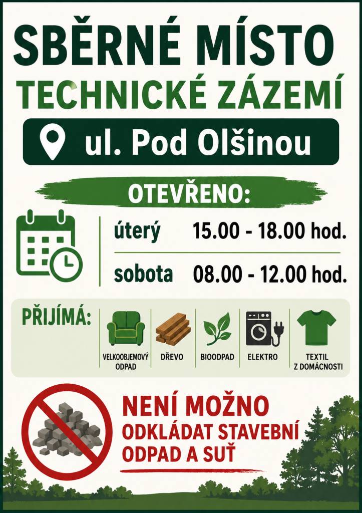 otevřeno:   úterý od 15.00 do 18.00 hod.,  sobota od 08.00 do 12.00 hod.
