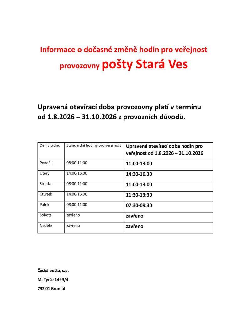 Pošta Stará Ves - změna provozní doby