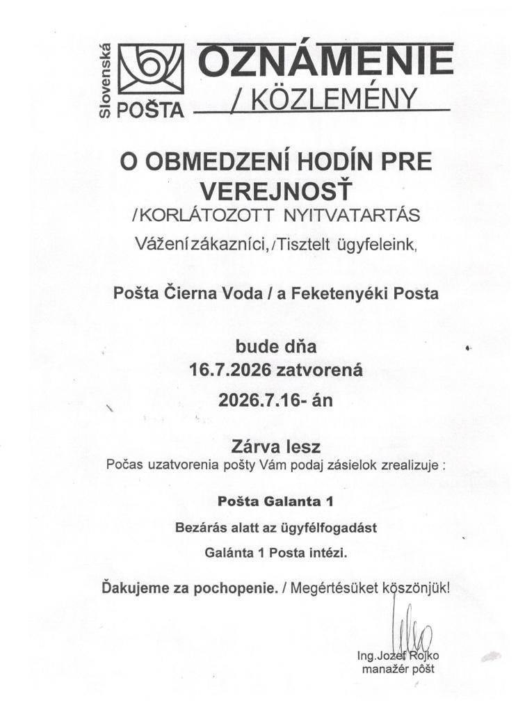 Oznámenie  Értesítés