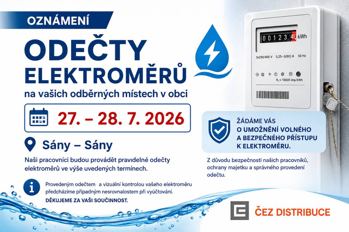 Oznamujeme, že ve dnech 27. a 28. července 2026 proběhnou v obci odečty elektroměrů. Žádáme občany o zajištění volného a bezpečného přístupu k elektroměrům, aby naši pracovníci mohli provést odečty a vizuální kontroly.