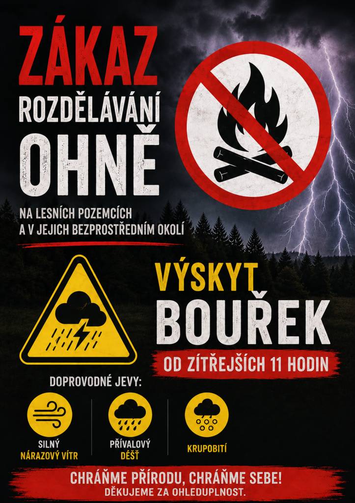 Upozornění: Od zítřejších 11:00 platí výstraha před velmi silnými bouřkami. Očekává se silný nárazový vítr, přívalový déšť a krupobití. Zároveň platí přísný zákaz rozdělávání ohně na lesních pozemcích a v jejich okolí. Sledujte aktuální informace