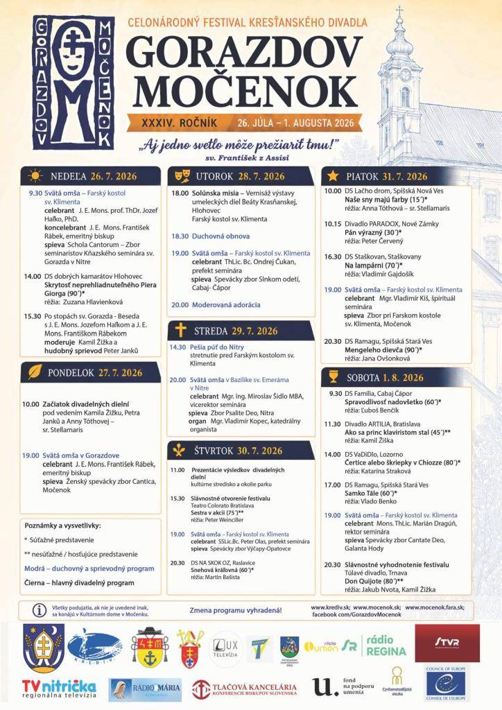 Obec Močenok vás pozýva na XXXIV. ročník celonárodného festivalu Gorazdov Močenok, ktorý sa uskutoční v dňoch od 26.07. do 01.08.2026.   Všetci ste srdečne vítaní.