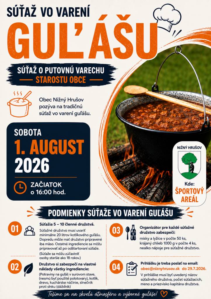 Súťaž vo varení guľášu a Hrušovské športové dni 2026. Viac info tu.