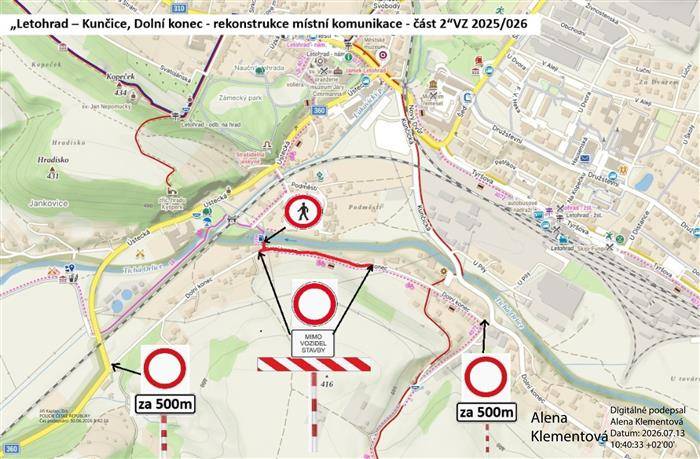 Upozorňujeme na úplnou uzavírku místní komunikace v ulici Dolní konec (Kunčice, Letohrad) z důvodu rekonstrukce komunikace a výstavby nové opěrné zdi.  Uzavřený úsek: od domu č. p. 11 po dům č. p. 13 Termín uzavírky: od 16. července 2026 do 31. října 2026  Objízdná trasa není stanovena, protože se jedná o komunikaci s nízkou intenzitou provozu.  Děkujeme za pochopení a respektování dopravního značení.