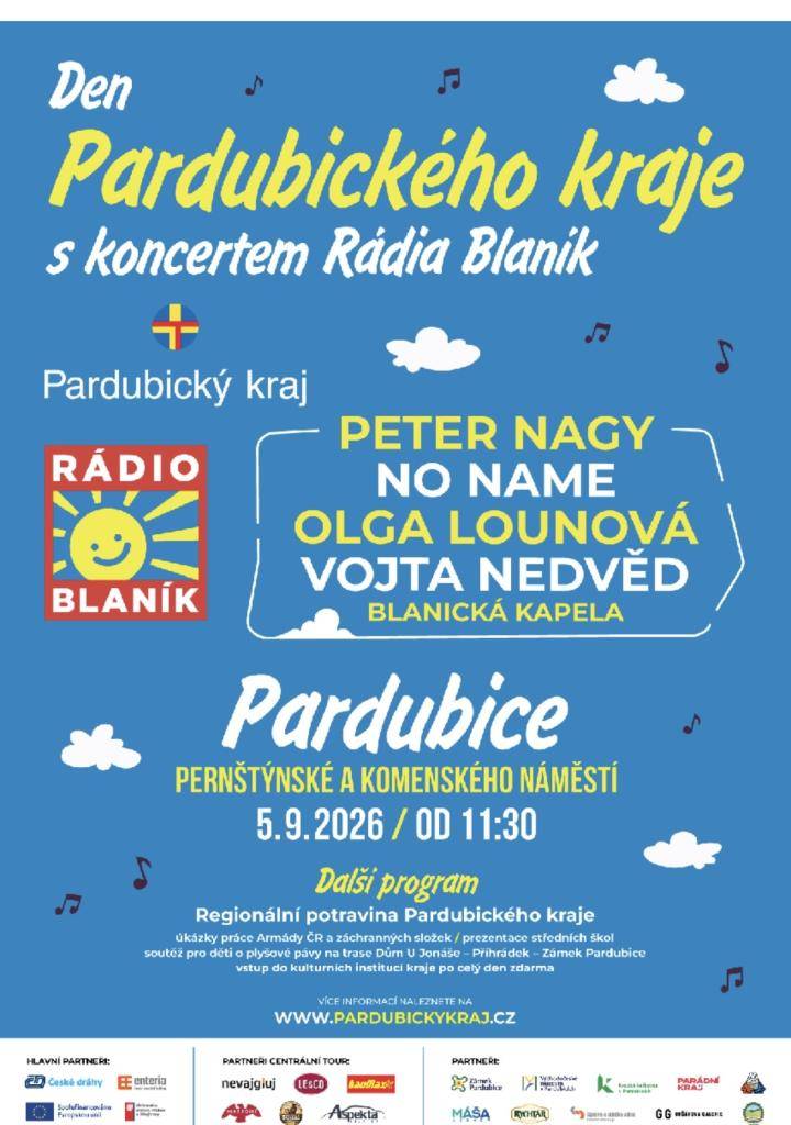 5. 9. od 11:30 v Pardubicích. Vystoupí No Name či Peter Nagy. Čeká vás bohatý program pro rodiny a vstupy do kulturních institucí zdarma!