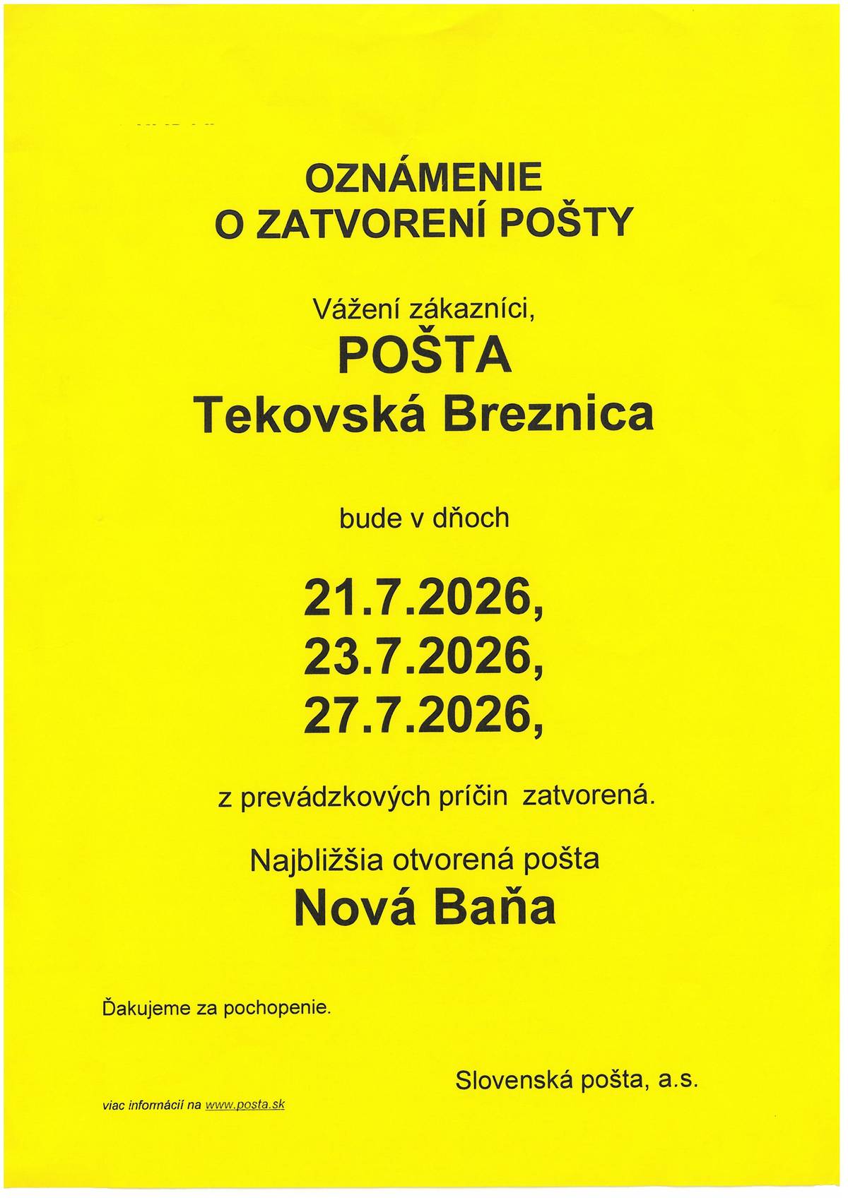 Slovenská pošta dáva na vedomie obmedzenie otvárací hodín na prevádzke pošty v Tekovskej Breznici.