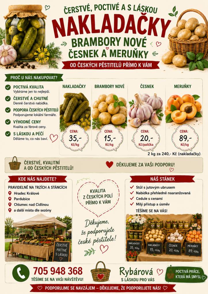 Prodej se uskuteční v pátek 17.7.2026 na parkovišti naproti obecnímu úřadu před obchodem s potravinami   Čas: 11:40-12:00 hodi