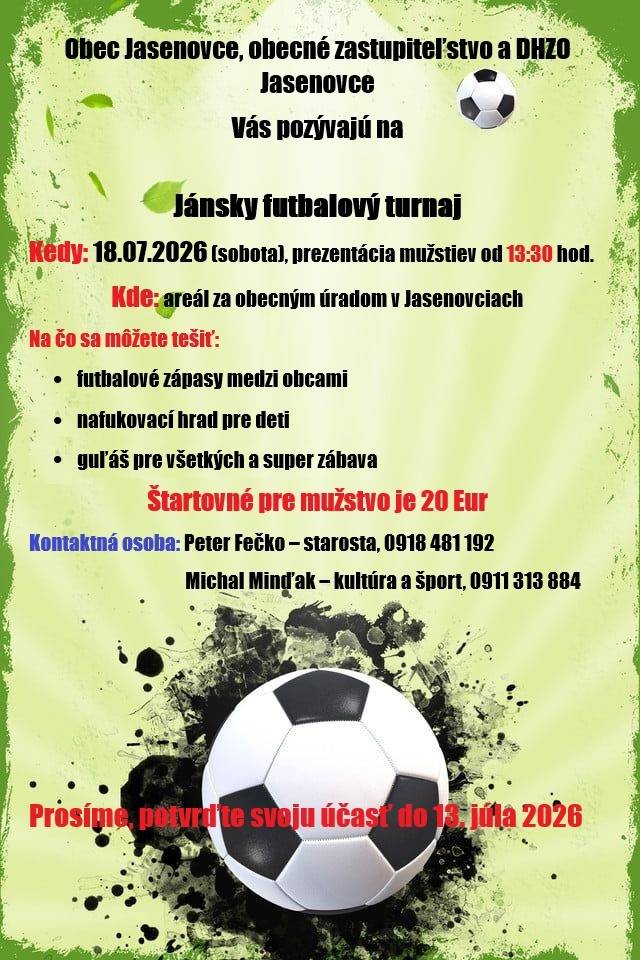 Jánsky futbalový turnaj 18.7.2026 Jasenovce