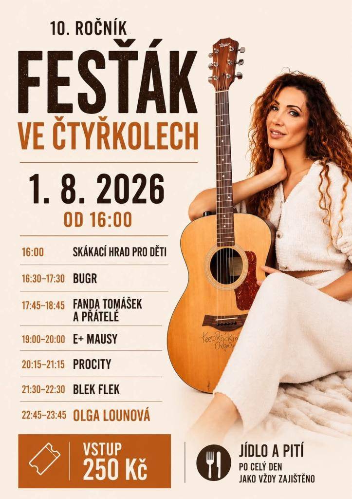 10. ročník Čtyřkolského Fesťáku proběhne v sobotu 1.8. od 16 hodin na hřišti ve Vávrovkách. Těšit se můžete na hlavní hvězdu Olgu Lounovou, kapely BUGR, FANDA TOMÁŠEK A PŘÁTELÉ, E+ MAUSY, PROCITY a BLEK FLEK. Pro děti je připraven skákací hrad, občerstvení zajištěno. Vstupné 250 Kč.