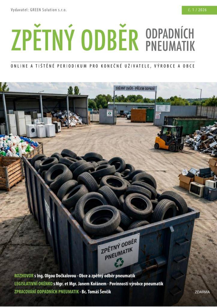 První číslo časopisu "Zpětný odběr odpadních pneumatik", které vydala společnost GREEN Solution s.r.o. Periodikum vychází dvakrát ročně a přibližuje čtenáři problematiku zpětného odběru odpadních pneumatik. Časopis je určen zejména pro konečné uživatele, výrobce a obce.