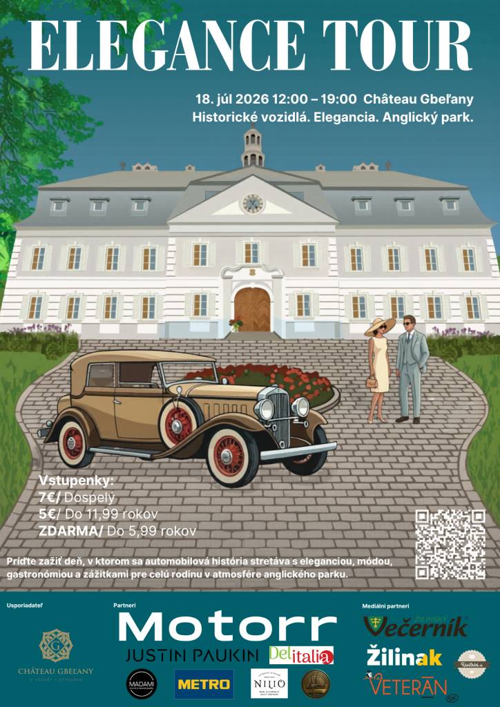 Dňa 18. júla 2026 od 12:00 hod. sa v anglickom parku pri Château Gbeľany uskutoční Elegance Tour 2026 – jedinečné podujatie venované historickým vozidlám, elegancii a remeslu.
