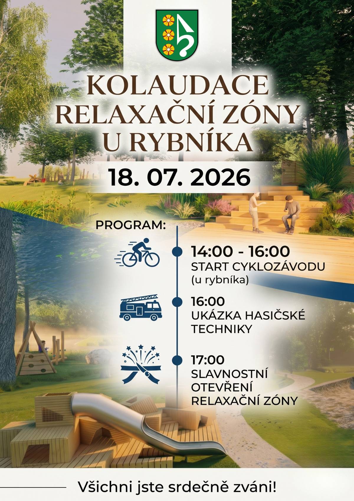 Připomínáme Otevření relaxační zóny u rybníka. 🦆 V sobotu 18. července 2026 proběhne slavnostní otevření nové relaxační zóny u rybníka. Všichni jste srdečně zváni. Program:   🚴 14:00 – 16:00 – Start cyklozávodu (u rybníka)   🚒 16:00 – Ukázka hasičské techniky   ✨ 17:00 – Slavnostní otevření relaxační zóny   Více informací na plakátku. Občerstvení a hudba zajištěna. Těší se Obecní úřad, SRPŠ, Hasiči Ženklava.