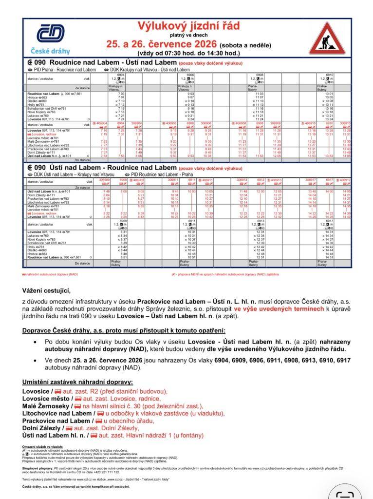 Správa železnic bude ve dnech 25. a 26. července 2026 vždy od 7:30 do 14:30 opravovat výhybky a traťové zařízení na trati 090. Osobní vlaky v úseku Lovosice – Ústí nad Labem hl. n. proto nahradí autobusy náhradní dopravy. Ostatní vlaky mohou nabrat zpoždění až 10 minut.