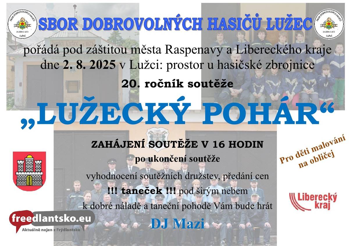 Sbor dobrovolných hasičů Lužec pořádá pod záštitou města Raspenavy a Libereckého kraje dne 1. 8. 2026 v Lužci: prostor u hasičské zbrojnice 21. ročník soutěže „LUŽECKÝ POHÁR“ ZAHÁJENÍ SOUTĚŽE V 16 HODIN po ukončení soutěže vyhodnocení soutěžních družstev, předání cen !!! taneček !!! pod širým nebem k dobré náladě a taneční pohodě Vám bude hrát DJ Bóďa