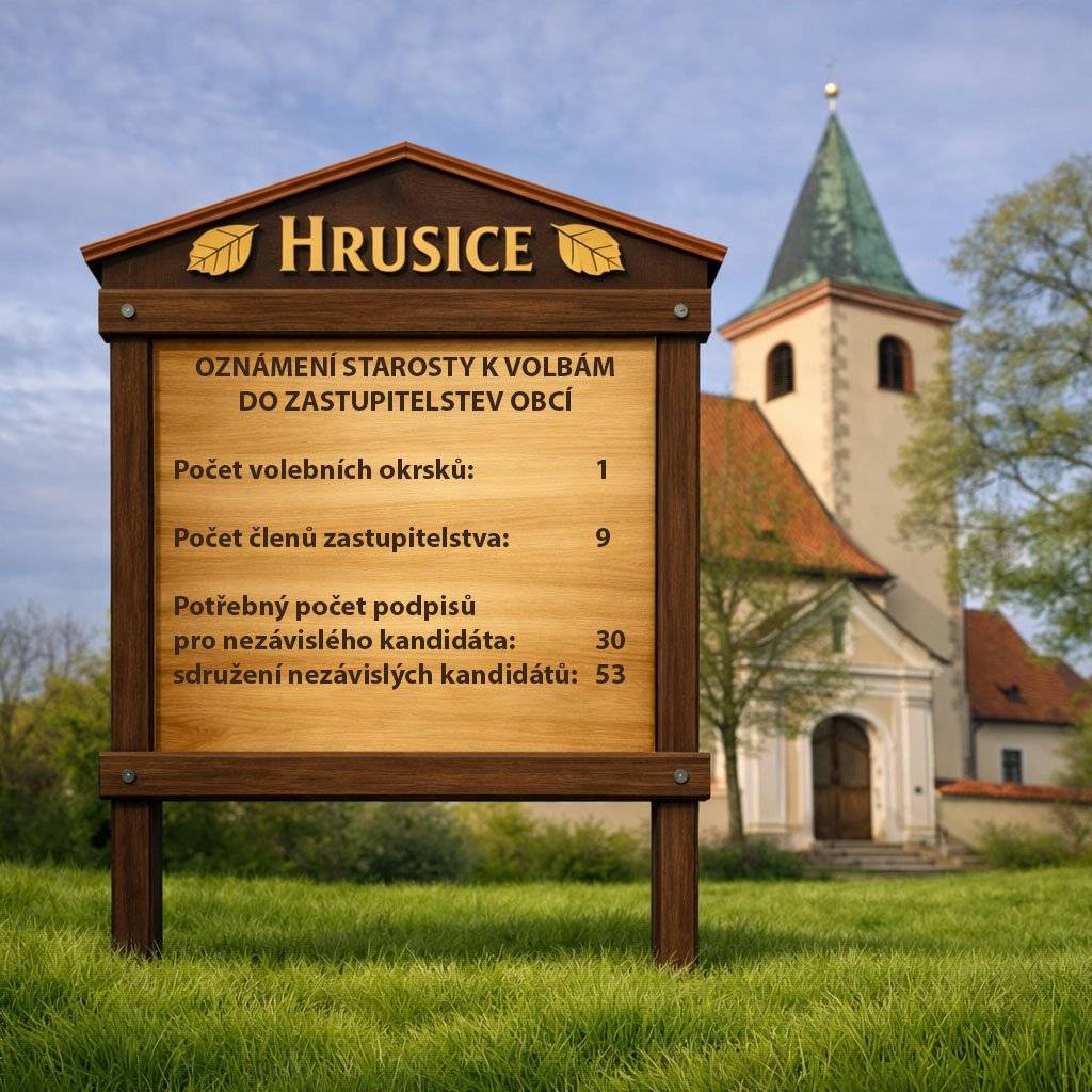 Ná úřední desce byla zveřejněna informace o počtu volebních okrsků, počtu členů zastupitelstva a počtu potřebných podpisů pro kandidátní listinu pro volby do zastupitelstev obcí, které proběhnou 9.-10.10.2026 https://urednideska.alis.cz/obec-hrusice/vyveseni/523