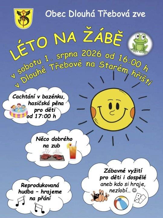 Pár stolů, něco dobrého na zub, hudba, dětský smích a lidé, kteří se rádi potkají. Právě o tom bude Léto na Žábě. Příjemné letní odpoledne, kde si každý může najít to své – děti dovádění v bazénku a od 17 hodin také v hasičské pěně, dospělí chvíli na povídání, odpočinek nebo třeba tanec. 🎵 A protože k létu patří i hudba, připravena bude 𝐫𝐞𝐩𝐫𝐨𝐝𝐮𝐤𝐨𝐯𝐚𝐧𝐚́ 𝐡𝐮𝐝𝐛𝐚 𝐧𝐚 𝐩𝐫̌𝐚́𝐧𝐢́. Máte oblíbenou písničku? Přijďte si ji nechat zahrát a vytvořme společně pohodovou letní atmosféru. 📅 𝐒𝐨𝐛𝐨𝐭𝐚 𝟏. 𝐬𝐫𝐩𝐧𝐚 𝐨𝐝 𝟏𝟔:𝟎𝟎 📍 𝐒𝐭𝐚𝐫𝐞́ 𝐡𝐫̌𝐢𝐬̌𝐭𝐞̌ 𝐯 𝐃𝐥𝐨𝐮𝐡𝐞́ 𝐓𝐫̌𝐞𝐛𝐨𝐯𝐞́ Přijďte s rodinou, sousedy nebo pozvěte známé. 🐸☀️