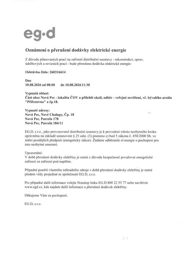 Oznámení o přerušení dodávky elektrické energie 10.8.2026  lokalita ČOV a čp. 18