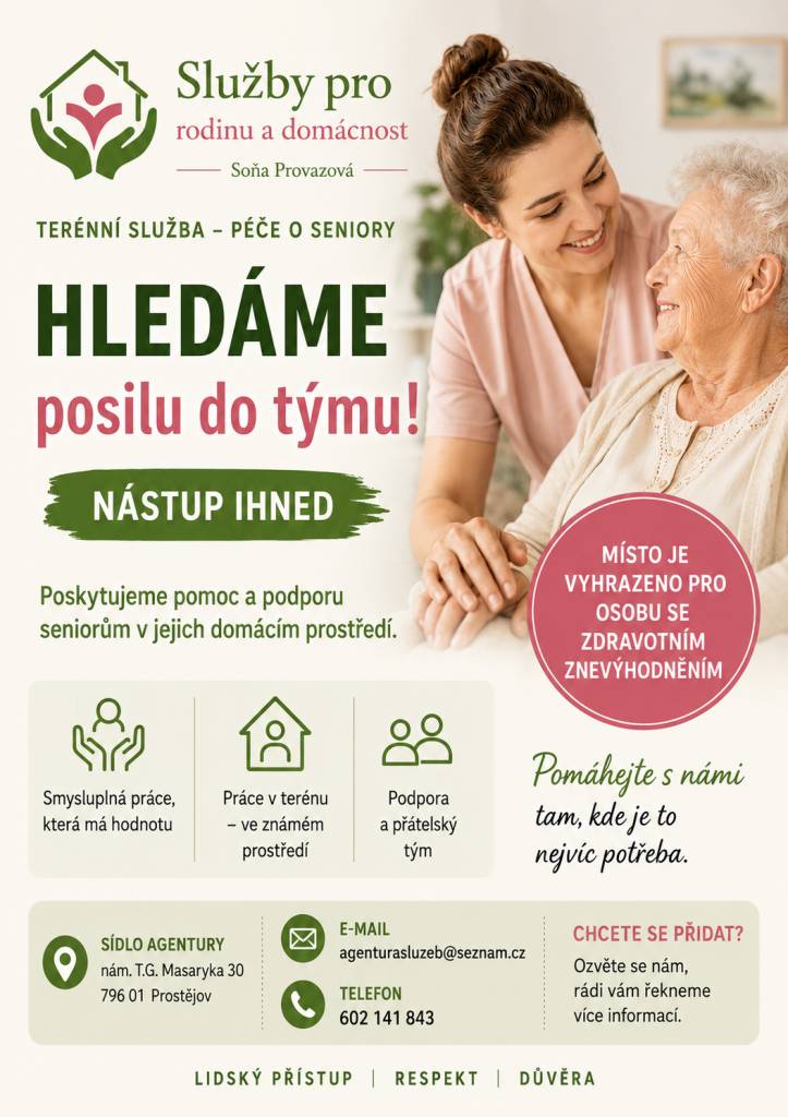 Agentura služeb pro rodinu a domácnost hledá posilu do týmu pro terénní služby - péče o seniory. Nástup ihned. Podrobnosti na tel. 602 141 843