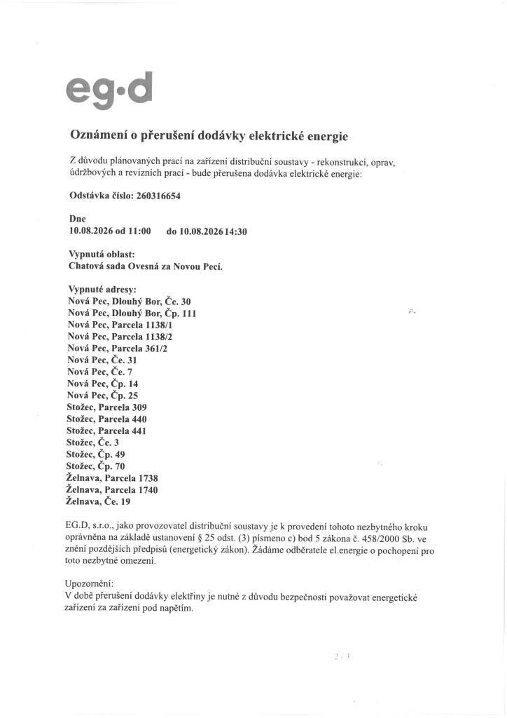 Oznámení o přerušení dodávky elektrické energie 10.8.2026 Ovesná