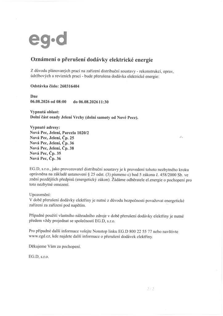 Oznámení o přerušení dodávky elektrické energie 6.8.2026 Jelení Vrchy dolní samoty
