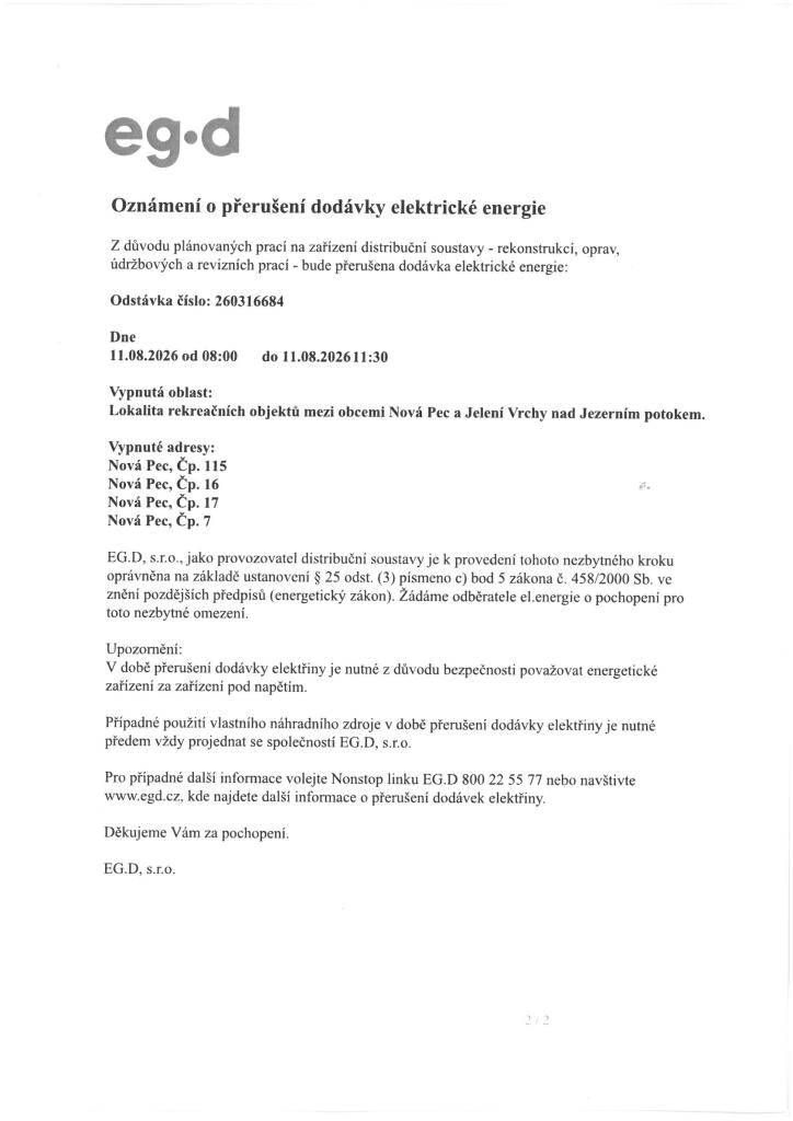 Oznámení o přerušení dodávky elektrické energie 11.8.2026  mezi Novou Pecí a Jelení čp. 115, 16, 17, 7