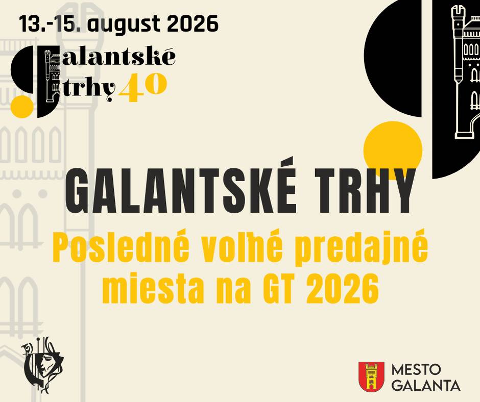 Ešte stále máte možnosť získať predajné miesto na jubilejnom 40. ročníku Galantských trhov  Staňte sa súčasťou jedného z najväčších a najnavštevovanejších podujatí v regióne a predstavte svoje výrobky tisíckam návštevníkov počas jubilejného 40. ročníka Galantských trhov.