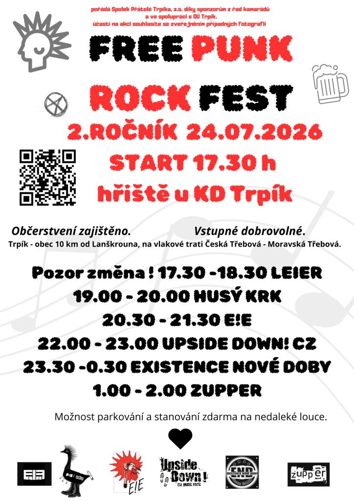 V pátek 24.7.2026 na 2. ročníku vystoupí kapely jako Leier, Husý krk, E!E, Upside Down!cz, END a Zupper. Začátek v 17 hodin. Těšíme se!