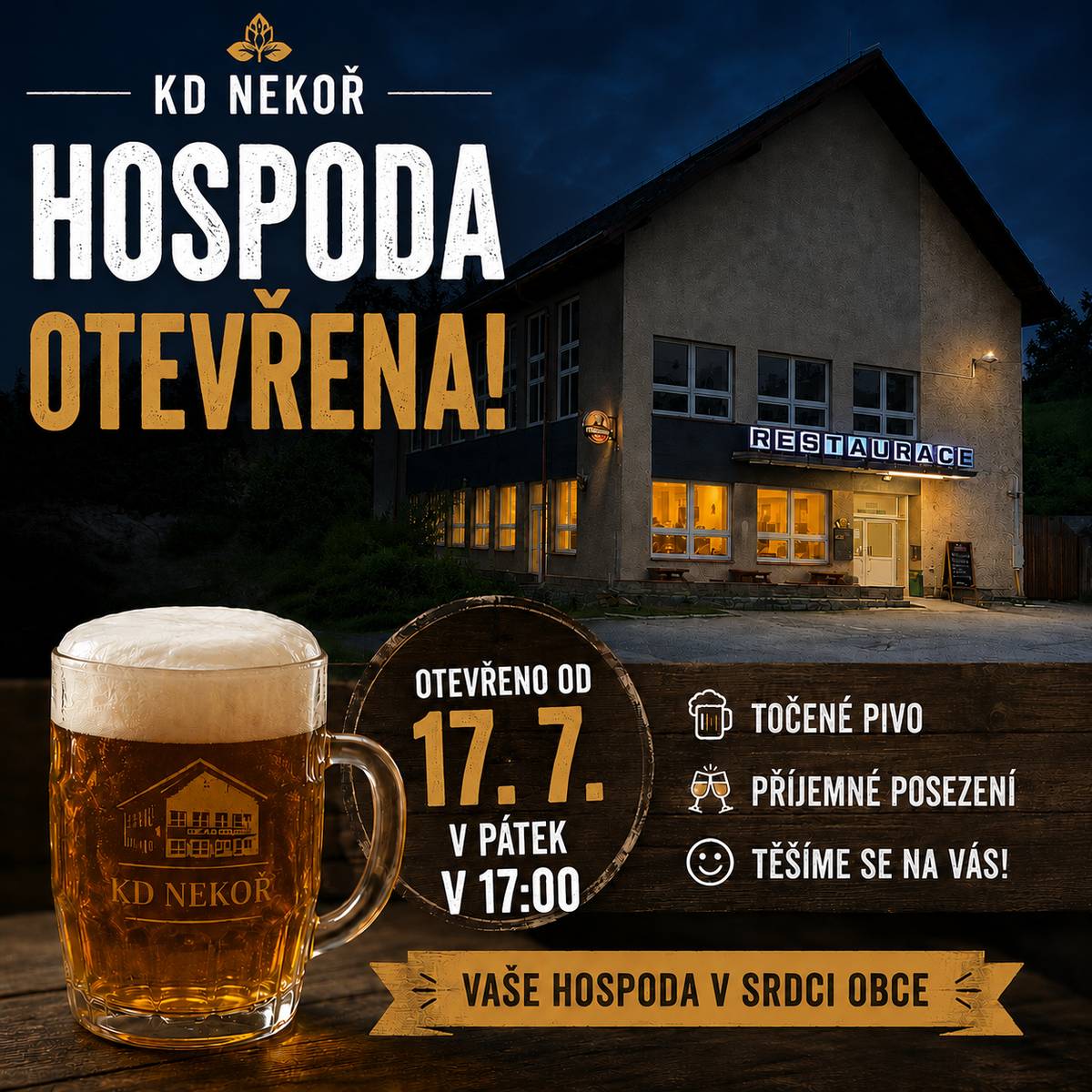 Po výměně nájemců se opět otevírá naše hospoda v KD Nekoř. Zítra v pátek 17.7. v 17hod. 🍻😉 Nový nájemce se na Vás těší.