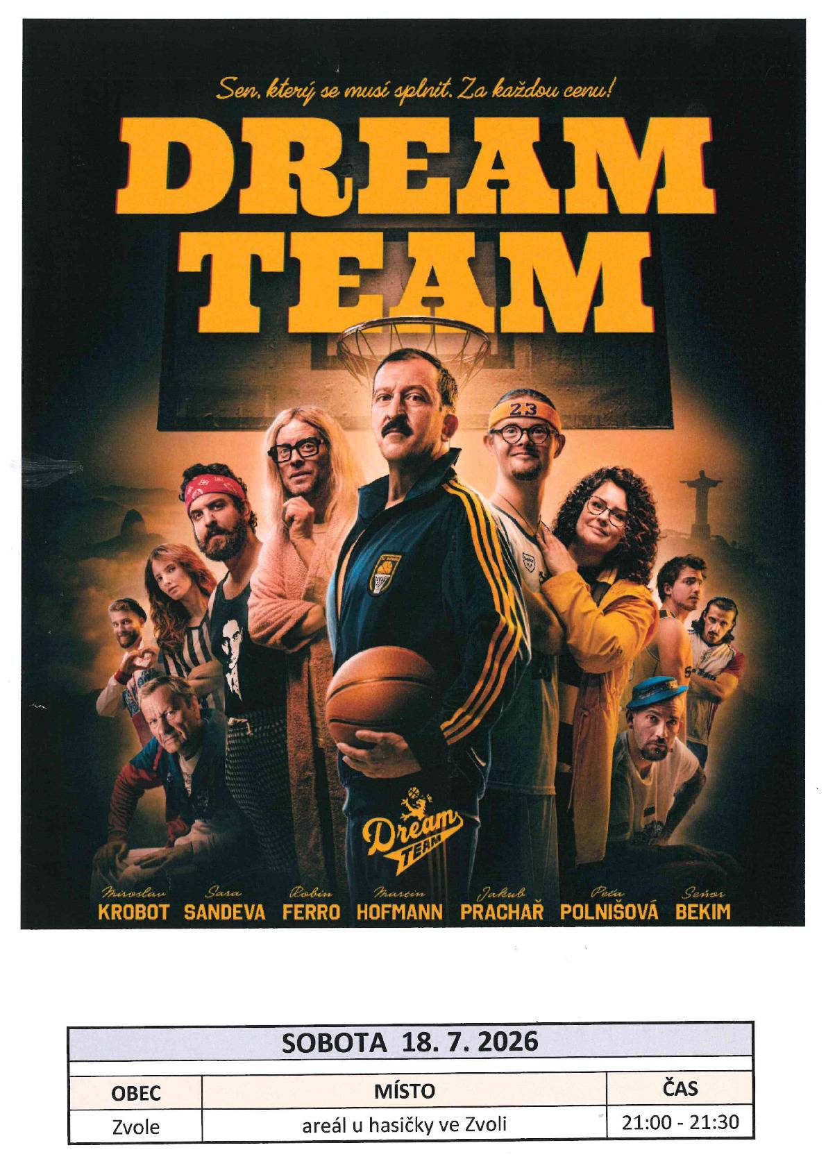 Hlavním hrdinou komedie Dream Team je rázný a svérázný basketbalový trenér Marek (Martin Hofmann), který neuspěje při pokusu dostat svůj tým do druhé národní ligy. Nejraději by s trénováním úplně seknul. Jenže jeho syn Šimon (Martin Polišenský), který má mentální postižení, sní o tom, že jednou bude hrát basketbal za národní tým na paralympiádě. Marek, který svého syna miluje, se rozhodne mu tento sen splnit. Narazí ovšem na zásadní problém. Nedaří se mu totiž sestavit dostatečně početný tým vhodných hráčů, kteří by zároveň splňovali paralympijské parametry. V tom okamžiku zasáhne jeho soused a neúspěšný divadelní režisér Daniel (Jakub Prachař) s kuriózním plánem. Ten spočívá v tom, že mu pomůže sestavit tým ze zdravých basketbalistů, kteří budou mentální postižení předstírat. Daniel přesvědčí Marka, že jen tak mají šanci uspět a probojovat se na paralympijské hry v brazilském Riu. Je to sice šíleně neetické, ale Marek myslí jen na to, aby byl jeho Šimon šťastný. A tak basketbalová výprava plná falešných hendikepovaných sportovců brzy nabírá směr Rio. Až pod horkým brazilským sluncem si Marek uvědomí, do jak velkého průšvihu se řítí a že tuhle „životní zatáčku“ půjde vybrat jen hodně těžko.