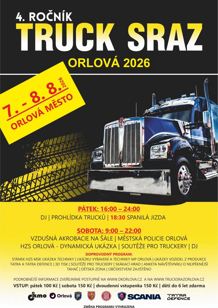 Přípravy na Truck sraz Orlová 2026 jsou v plném proudu! Silniční obři už brzy vyjedou na spanilou jízdu městem. Akce se uskuteční v pátek 7. a v sobotu 8. srpna 2026. Spanilá jízda městem projede v pátek 7. srpna v 18:30 hodin. Těšit se můžete také na bohatý doprovodný program pro malé i velké. Dvoudenní vstupenka vychází na 15...