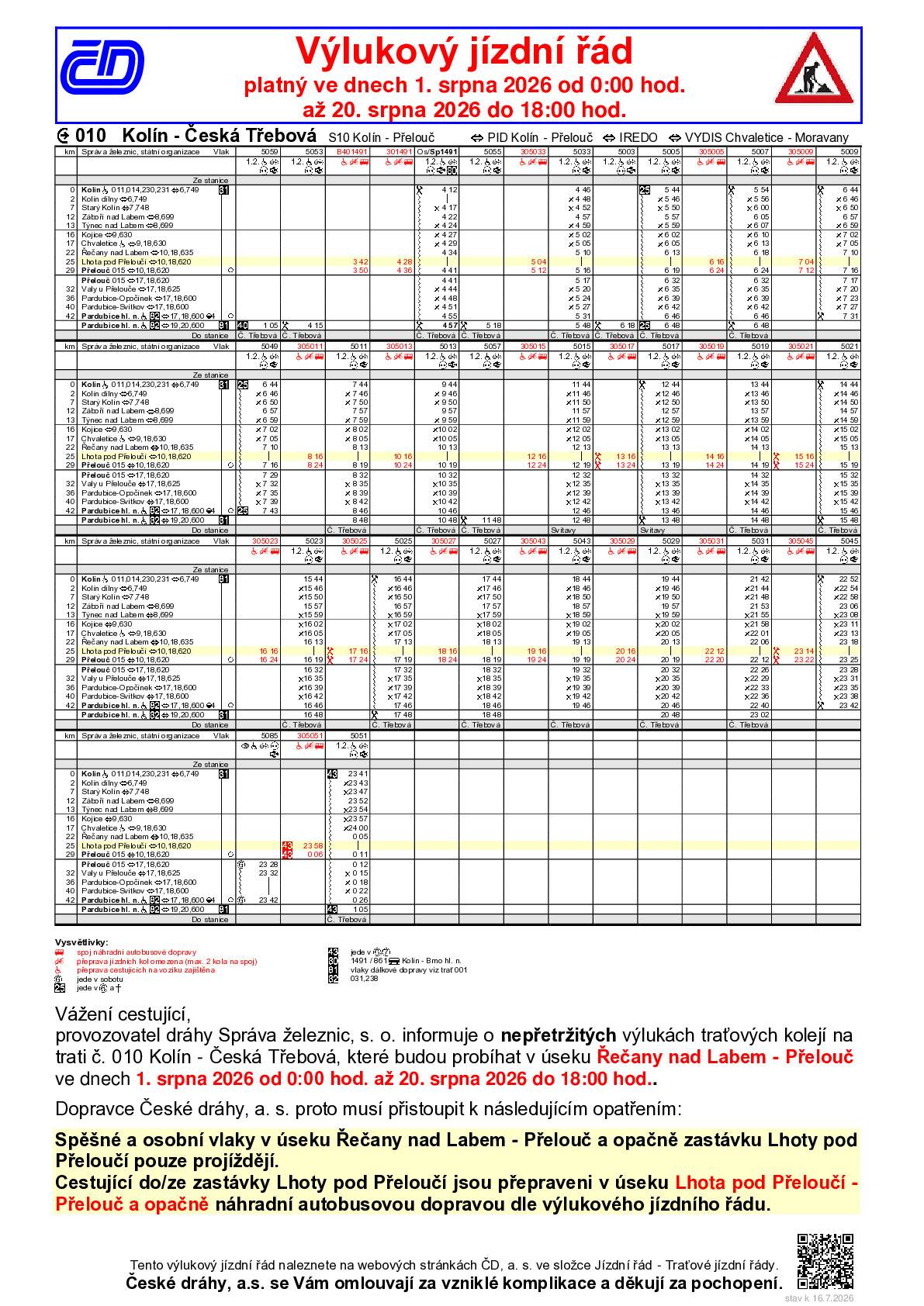 Provozovatel dráhy, Správa železnic s. o., informuje o výlukách traťových kolejí na železniční trati č. 010 Kolín - Česká Třebová, které budou probíhat v úseku Řečany nad Labem - Přelouč v termínu od 1. srpna 2026 od 0:00 hodin do 20. srpna 2026 do 18:00 hodin.  Důvodem výluk jsou práce spojené s výměnou kolejnic a následnými směrovými a výškovými úpravami koleje.  Dopravce České dráhy, a. s. proto přijímá následující opatření:  Po dobu výluk vlaky regionální dopravy zastávku Lhota pod Přeloučí projíždí. Cestující do/ze zastávky Lhota pod Přeloučí jsou přepraveni náhradní autobusovou dopravou dle výlukového jízdního řádu v úseku Lhota pod Přeloučí - Přelouč a opačně.   Upozornění Po dobu výluk nebude v úseku s náhradní autobusovou dopravou garantována služba uvedená v jízdním řádu u jednotlivých vlaků - tzn. "Přeprava spoluzavazadel". Přeprava kočárků bude možná pouze do vyčerpání kapacity autobusu náhradní dopravy.  Za komplikace způsobené výlukami se omlouváme.