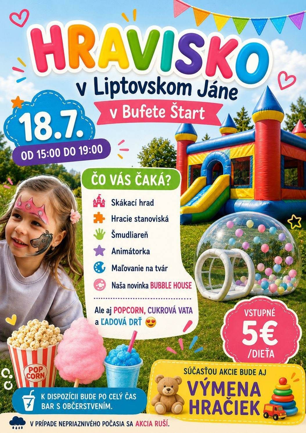 Milí rodičia a malí kamaráti, opäť sa na vás tešíme na obľúbenom HRAVISKU v záhradnom bufete ŠTART! 🌞 Tentoraz sme si pre vás pripravili ešte viac zábavy: ✨ novú detskú atrakciu, ktorá poteší všetkých malých objaviteľov 🧸 komunitnú výmenu hračiek, kde môžete priniesť hračky, s ktorými sa vaše deti už nehrajú a odniesť si nové poklady. Čaká vás príjemné popoludnie plné hier, smiechu, nových kamarátstiev a spoločných zážitkov. 📅 Kedy: 18. júla 📍 Kde: Záhradný bufet Štart Príďte si užiť letnú atmosféru, zabaviť deti a podporiť myšlienku zdieľania a opätovného využitia hračiek. Tešíme sa na vás! 💛 V prípade nepriaznivého počasia sa akcia ruší!