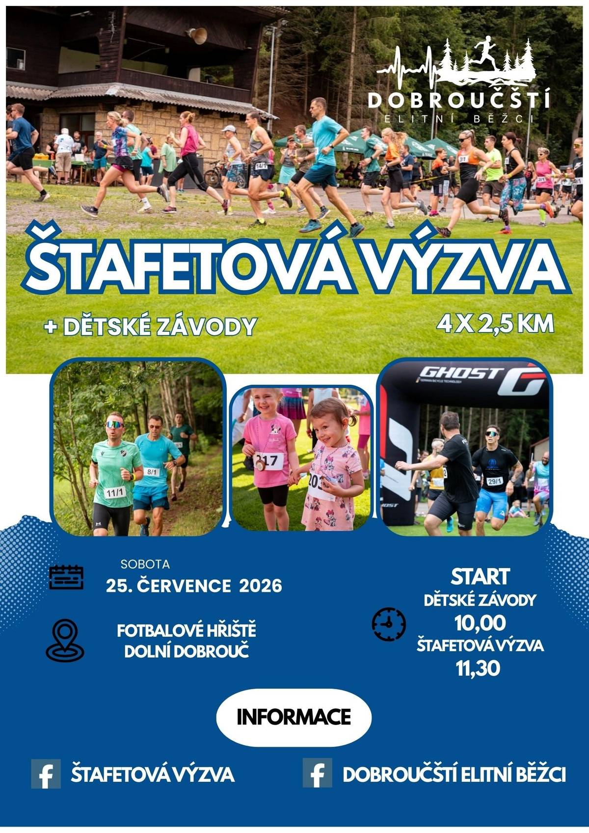 Dobroučští elitní běžci vás zvou na Štafetovou výzvu + dětské závody. V sobotu 25.7.2026 od 10.00 hod. na fotbalovém hřišti. Občerstvení zajištěno.