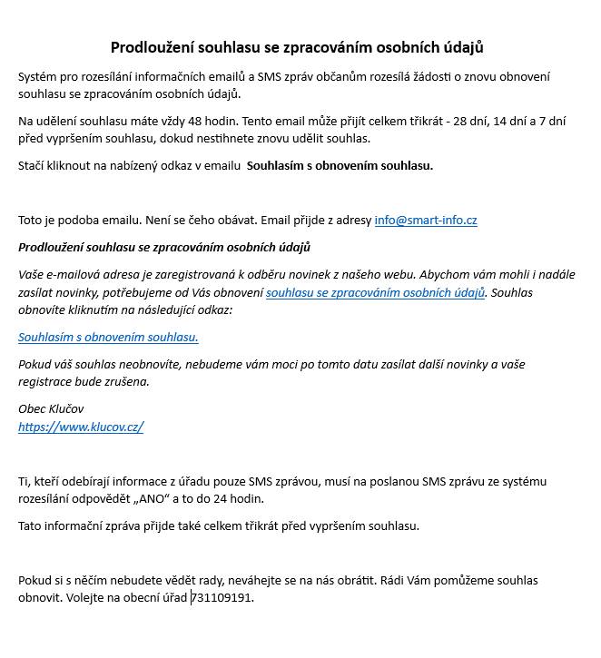 Systém pro rozesílání informačních emailů a SMS zpráv občanům rozesílá žádosti o znovu obnovení souhlasu se zpracováním osobních údajů - NUTNÉ OBNOVIT!!!