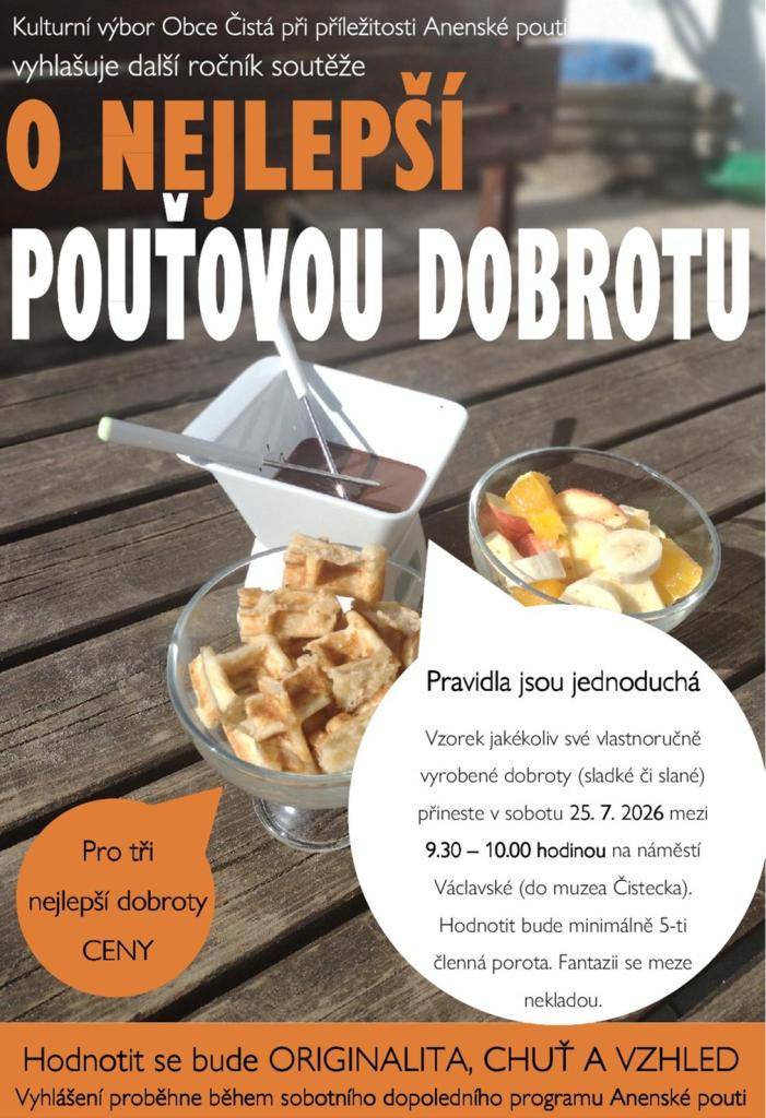 V rámci Anenské pouti je připravena soutěž O nejlepší pouťovou dobrotu. Vyhlášení proběhne na Václavském náměstí v sobotu 25. 7. 2026 v 11:00 hodin.