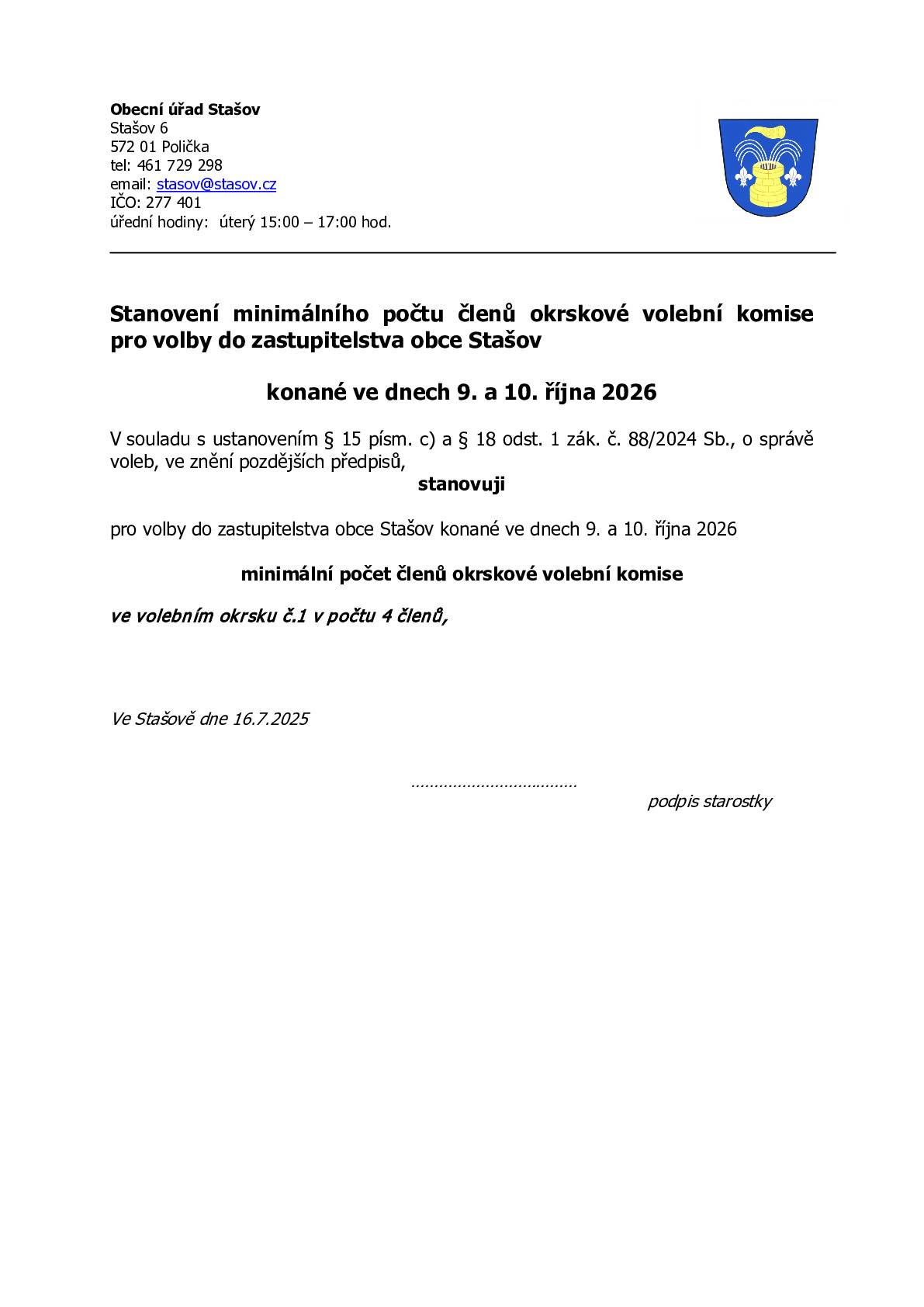 Potřebný počet podpisů na peticích pro volby do zastupitelstev 2026    Kód obce Název obce Podpisy NK Podpisy SNK   578801 Stašov 11 15