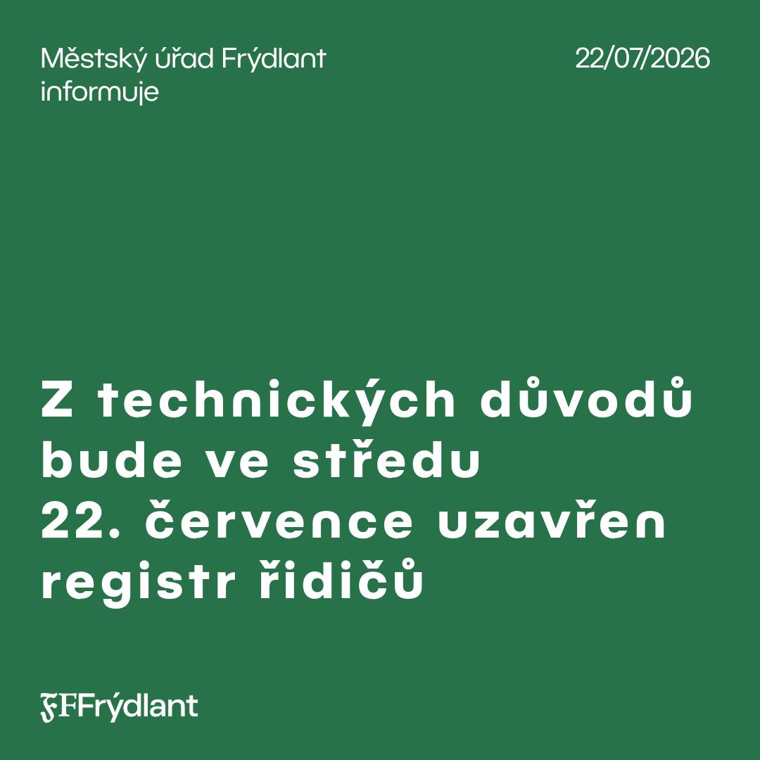Z technických důvodů bude ve středu 22. července 2026 mimořádně uzavřen registr řidičů.  Děkujeme za pochopení.