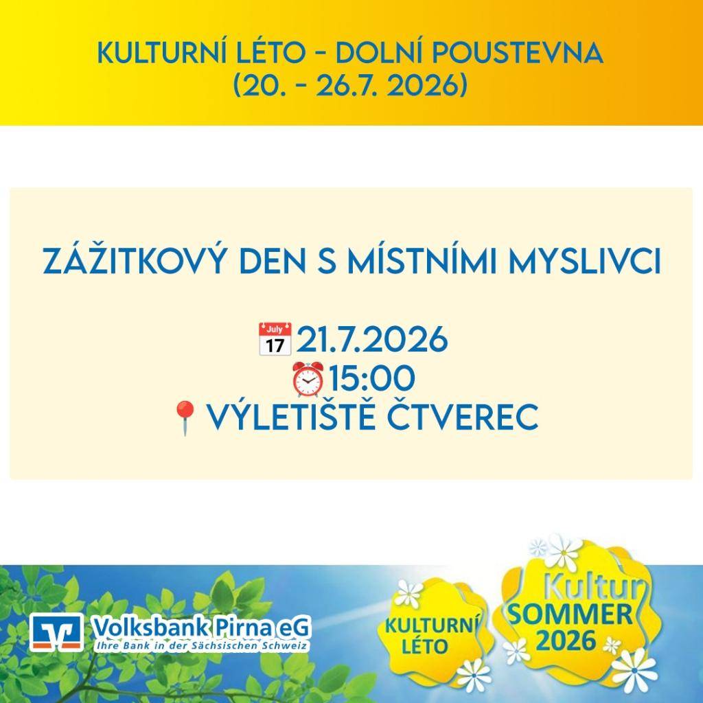 Zveme Vás na "Zážitkový den s místními myslivci".  Součástí programu bude možnost vyzkoušet si střelbu z brokovnice, malorážky a vzduchovky. Občerstvení zajištěno místním spolkem myslivců.