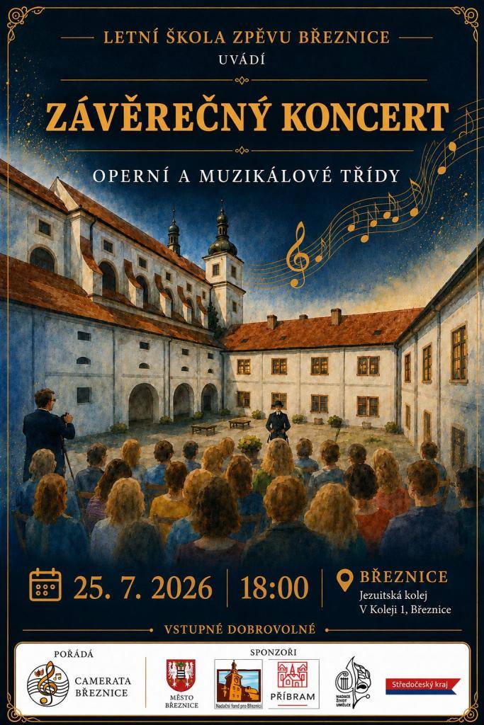 Přijďte si vychutnat Závěrečný koncert operní a muzikálové třídy Letní školy zpěvu Březnice. Čeká vás večer plný krásných hlasů, známých melodií a jedinečné atmosféry nádvoří Jezuitské koleje.