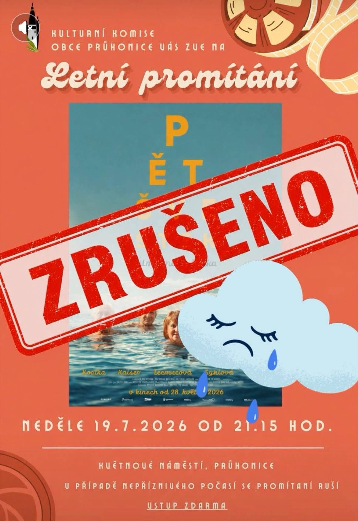 Vzhledem k odpoledním dešťovým přeháňkám a výraznému poklesu teplot jsme nuceni dnešní promítání na náměstí zrušit. Pokud nám bude počasí přát, rádi se s vámi potkáme příští neděli 26. 7. Děkujeme za pochopení!