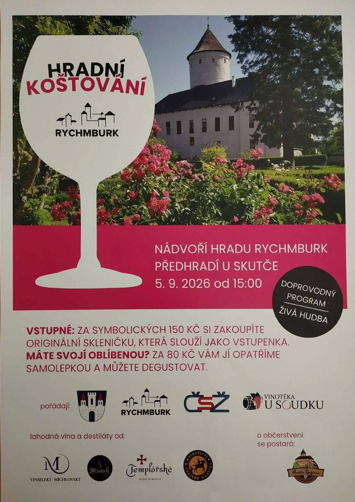 Přijďte na skvělé víno, dobré jídlo a živou hudbu do kouzelného prostředí hradního nádvoří.  Sobota 5. 9. 2026 od 15:00  Hrad Rychmburk (Předhradí)  Vstupné: 150 Kč (včetně skleničky) / 80 Kč (s vlastní)  Těšíme se na vás!