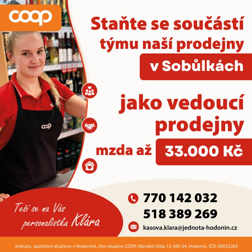 Jednota, spotřební družstvo v Hodoníně hledá pro prodejnu v Sobůlkách vedoucí/vedoucího prodejny.
