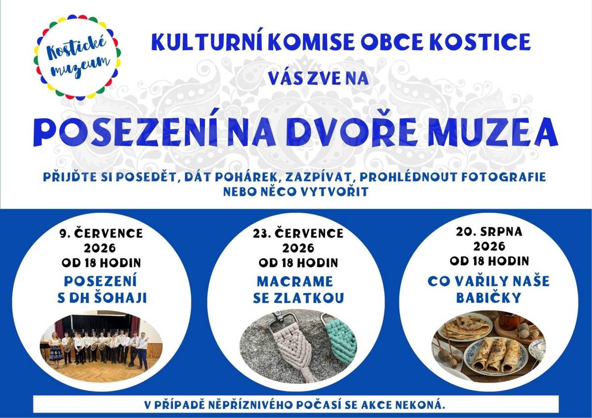 Kulturní komise zve na příjemné posezení, které se koná 23.7.2026 od 18 hodin - tentokrát si můžete vyrobit přívěšky na klíče technikou macramé. Anebo si jen můžete dát pohárek, zazpívat nebo prohlédnout staré fotografie. Těšíme se na vaši účast.