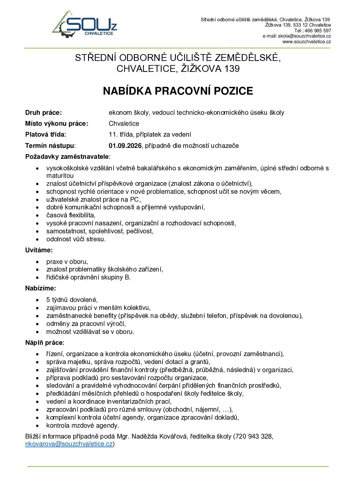 Nabídka práce SOUz Chvaletice - ekonom školy, vedoucí technicko-ekonomického úseku školy