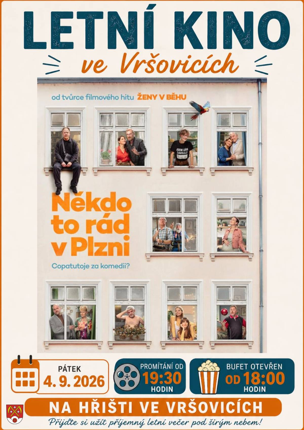 Česká komedie pod širým nebem! Přijďte si užít příjemný filmový večer na hřiště ve Vršovicích. Čeká nás česká komedie Někdo to rád v Plzni, pohodová atmosféra a občerstvení. Pátek 4. září 2026  Bufet otevřen od 18:00 hodin Promítání od 19:30 hodin Hřiště Vršovice Vezměte si deku a přijďte si užít pohodový večer s rodinou, přáteli i sousedy. Těšíme se na vás!