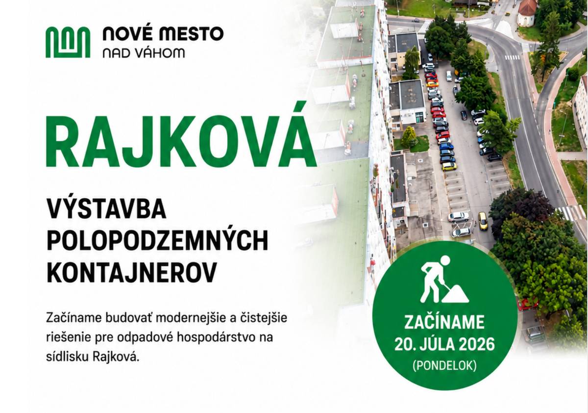 Milí Novomešťania, ako sme prisľúbili, pokračujeme v modernizácii odpadového hospodárstva aj na Rajkovej, kde začneme s výstavbou polopodzemného kontajnerového stanoviska. Počas prác treba počítať s dočasným obmedzením parkovania a prejazdu v časti parkoviska. ♻️ Nové riešenie prinesie väčšiu kapacitu, čistejšie okolie aj kultúrnejší vzhľad sídliska. 👉 Viac informácií o priebehu prác, dopravných obmedzeniach a organizácii parkovania nájdete tu: Na Rajkovej začína budovanie prvého polopodzemného kontajnerového stanoviska. Mesto pokračuje v modernizácii odpadového hospodárstva | www.nove-mesto.sk Ďakujeme za trpezlivosť a rešpektovanie dočasných obmedzení. 💚