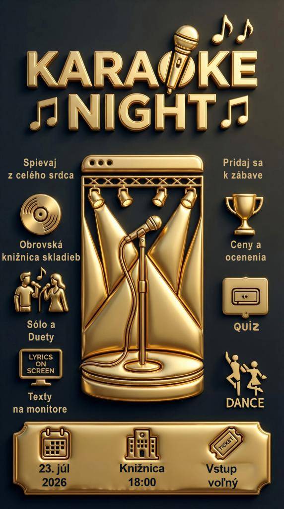 Pozývame zabaviť sa pri skvelej hudbe a pritom si overiť svoje vedomosti o hudobnom svete na večer s karaoke a hudobným kvízom, ktorý sa uskutoční vo štvrtok 23.7.2026 o 18:00 hod. v Knižnici Viliama Turčányho. Vstup voľný. Čaká vás občerstvenie, ceny pre víťazov a, samozrejme, skvelá zábava.